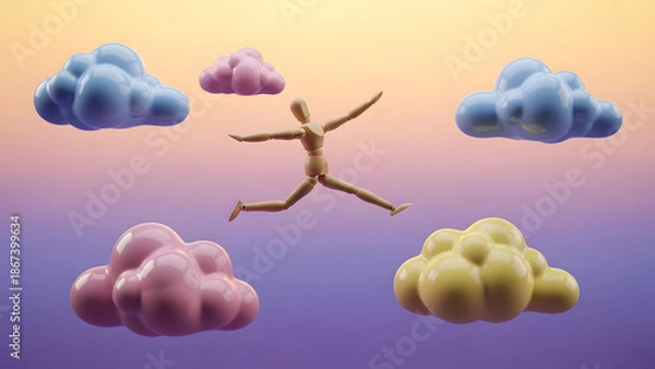 Obraz カラフルな雲の上を次々と飛び移るデッサン人形