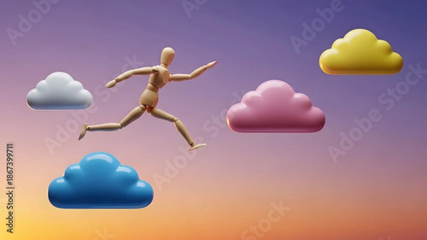 Obraz カラフルな雲の上を次々と飛び移るデッサン人形