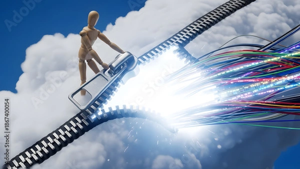 Obraz 雲のジッパーを開けて中の光を解き放つデッサン人形（開示・オープンソース・解凍）