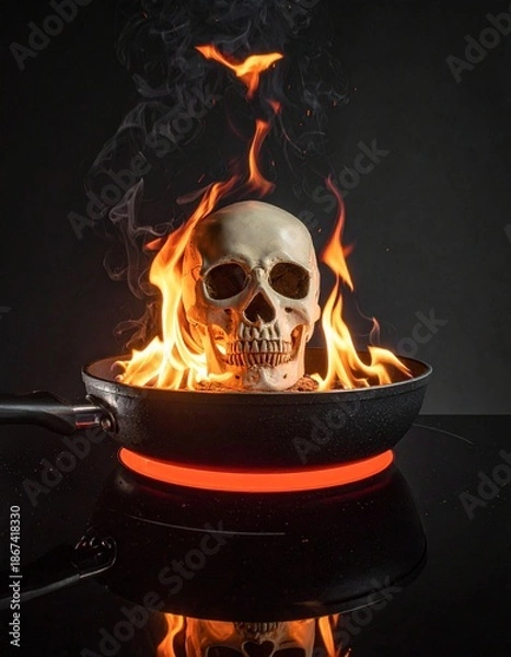 Obraz skeleton head burning in a Teflon pan