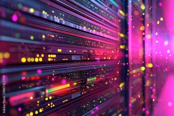 Obraz Advanced IT server rack infrastructure with vibrant data activity inside modern data center, ideal for cloud computing, AI workloads, network performance, and enterprise backend operations