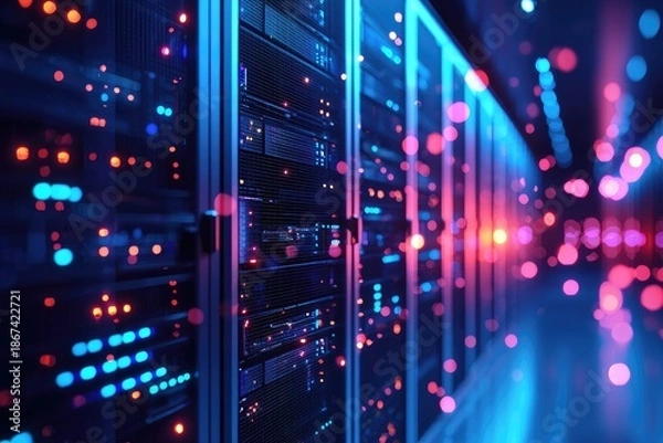 Obraz Advanced IT server rack corridor with glowing data signals inside modern data center, ideal for cloud computing, AI processing, network infrastructure, and enterprise backend systems