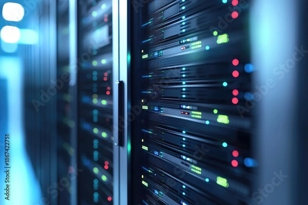 Obraz Secure IT server rack infrastructure with illuminated status indicators in modern data center, ideal for cloud computing, network operations, and enterprise backend systems