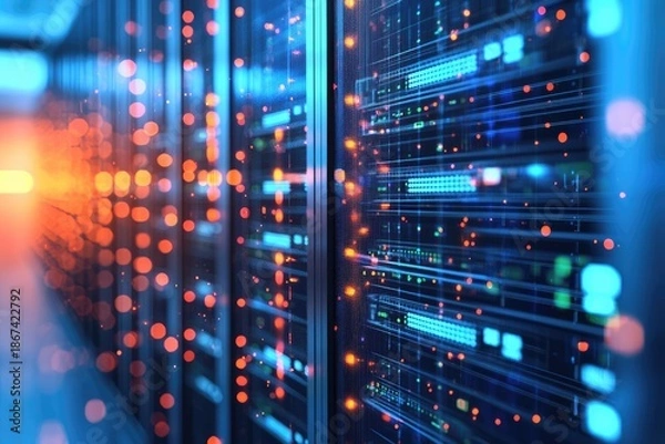 Obraz Advanced IT server rack systems with glowing data streams inside modern data center, ideal for cloud computing, AI processing, network infrastructure, and enterprise backend technology