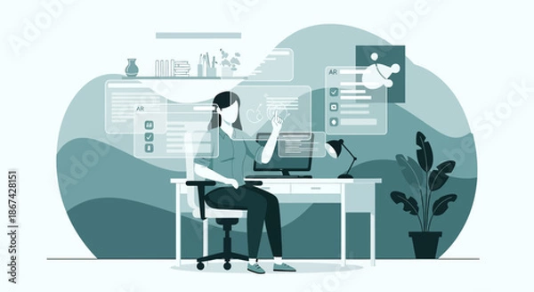 Fototapeta Augmented reality interface user at desk integrating digital content for future work