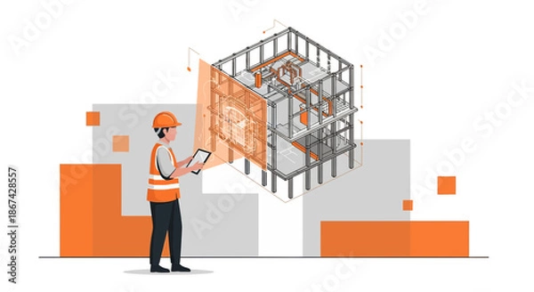 Fototapeta Construction engineer using augmented reality for building design and inspection process