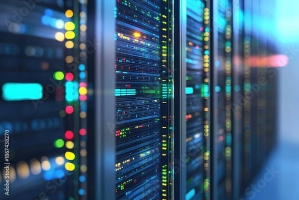 Obraz High performance IT server rack corridor with active data indicators inside secure data center, ideal for cloud computing, network operations, and enterprise backend infrastructure