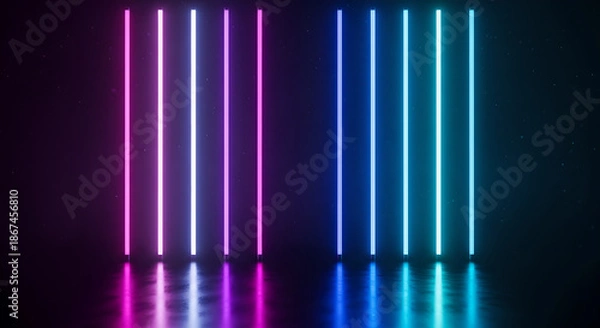 Obraz Neon Glowing Lights Pink Blue Vertical Bars Reflection