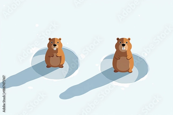 Obraz Two cartoon groundhogs emerging from snow with copy space
