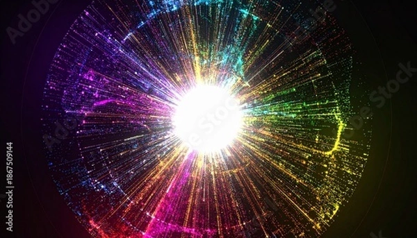 Obraz Abstract Rainbow Particle Circle Burst Background　円形に拡散する虹色の粒子と光の背景イラスト　デジタルイラスト