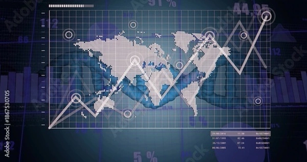 Obraz Showing dotted map with zigzag line on dashboard, featuring suits shaking hands, bars, %, table