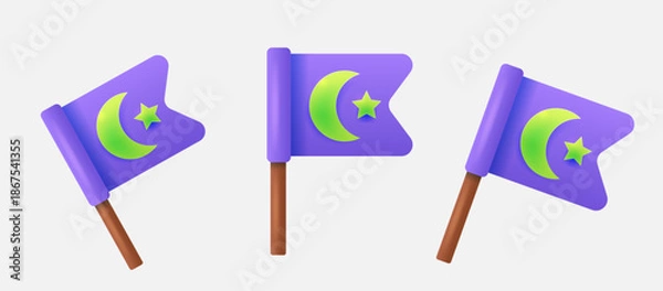 Obraz Cute 3D Purple flags with Islamic crescent. Vector celebration elements set