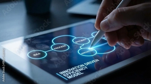 Obraz innovation driven efficiency model concept. Innovative brainstorming on a digital tablet screen.