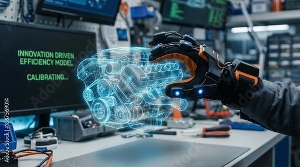 Obraz innovation driven efficiency model concept. Futuristic technology showcasing a hand interacting with a digital engine model.