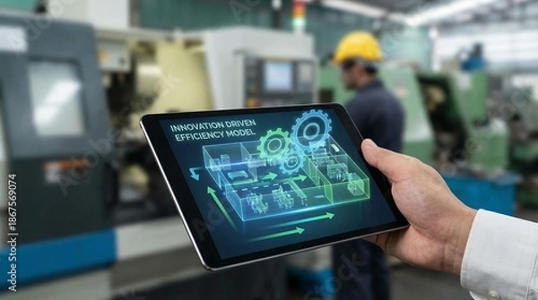 Obraz innovation driven efficiency model concept. Worker using tablet for machine efficiency in a factory setting.
