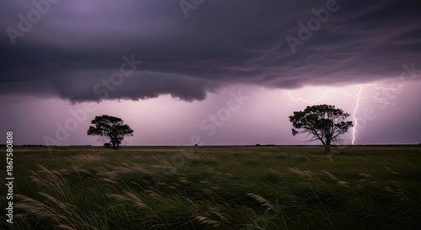 Obraz Two trees stand silhouetted against a lightning storm