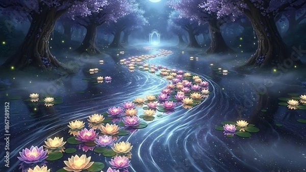Obraz Enchanted forest path with lotus flowers