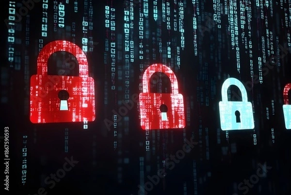 Obraz Three digital lock icons on a matrix background