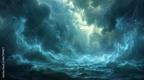 Obraz A stormy ocean with lightning and dramatic dark clouds