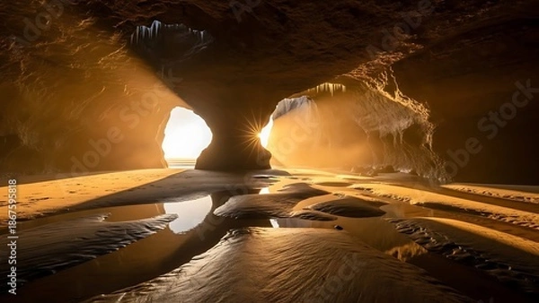 Obraz Sunlit cave with golden reflections