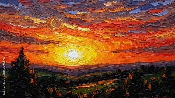 Obraz Vibrant sunset over rolling hills