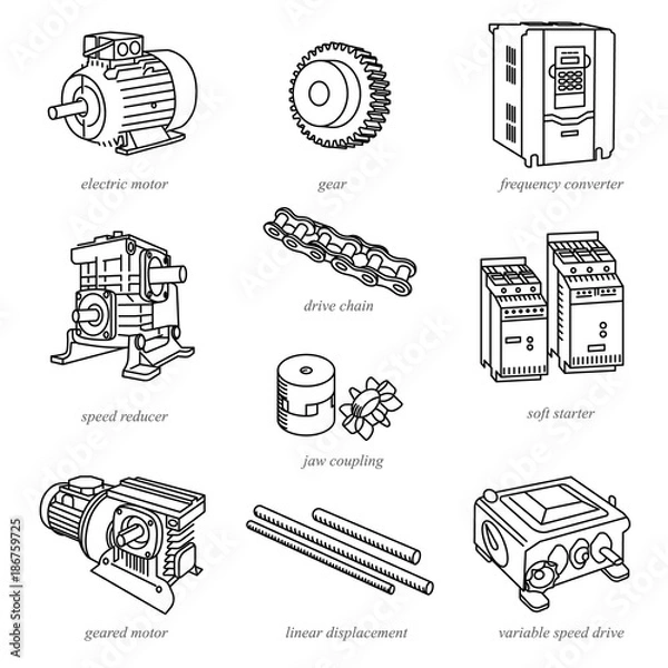 Obraz Ilustracje liniowe technologii napędowej, takiej jak silniki i reduktory / Technologia napędu i części zużywalne w stylu linii z nazwami