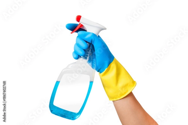 Obraz Cleaning services, hand with spray bottle isolated
