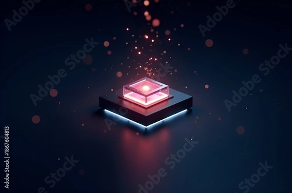 Obraz Glowing Cube on Platform with Sparkling Particles