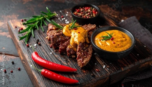 Obraz Steakstreifen mit Pfeffersauce