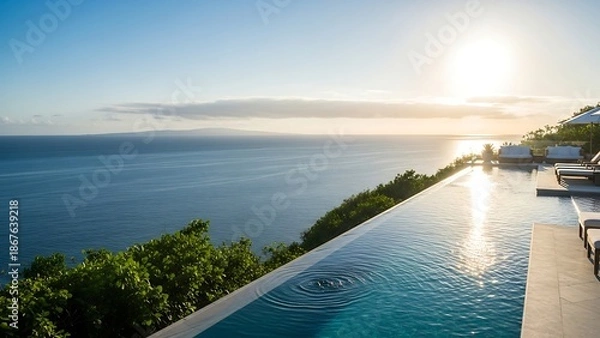 Obraz Infinity pool overlooking ocean at sunset.