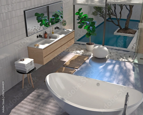 Obraz Современный интерьер ванной комнаты с деревянной отделкой в ​​эко-стиле. 3D-визуализация.	