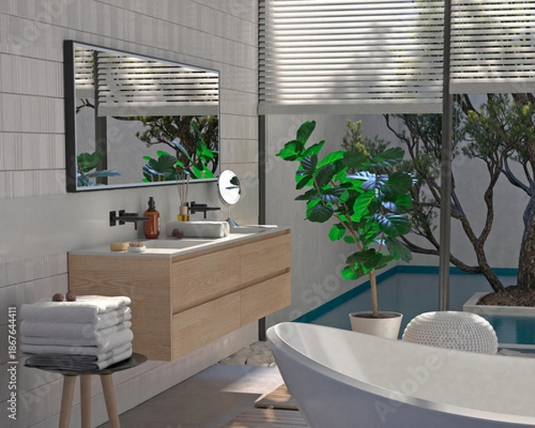 Obraz Современный интерьер ванной комнаты с деревянной отделкой в ​​эко-стиле. 3D-визуализация.	