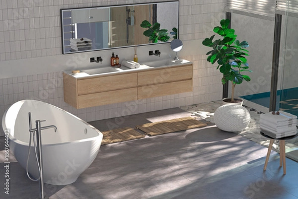 Obraz Современный интерьер ванной комнаты с деревянной отделкой в ​​эко-стиле. 3D-визуализация.	
