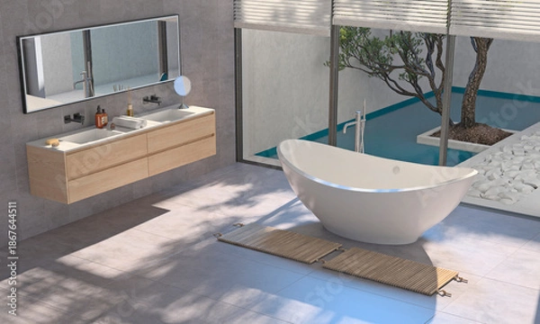 Obraz Современный интерьер ванной комнаты с деревянной отделкой в ​​эко-стиле. 3D-визуализация.	