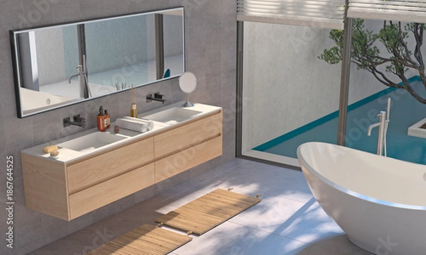 Obraz Современный интерьер ванной комнаты с деревянной отделкой в ​​эко-стиле. 3D-визуализация.	