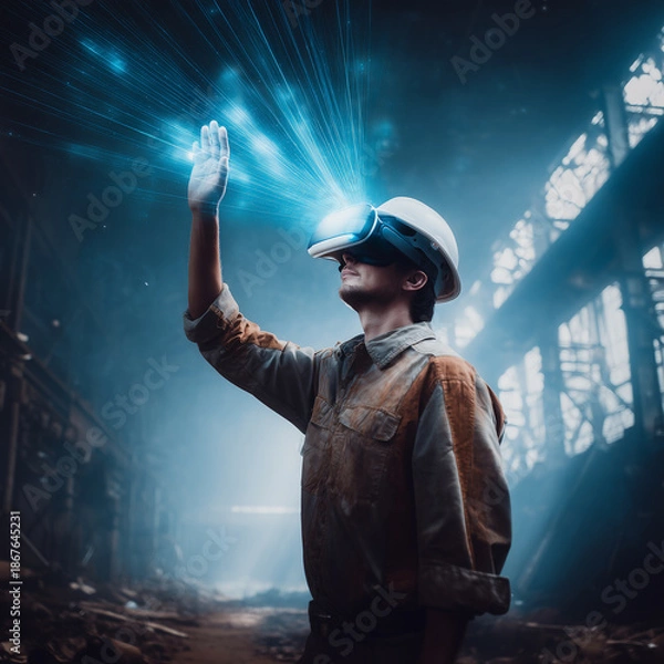 Obraz Construction engineer using virtual reality visualization in abandoned factory