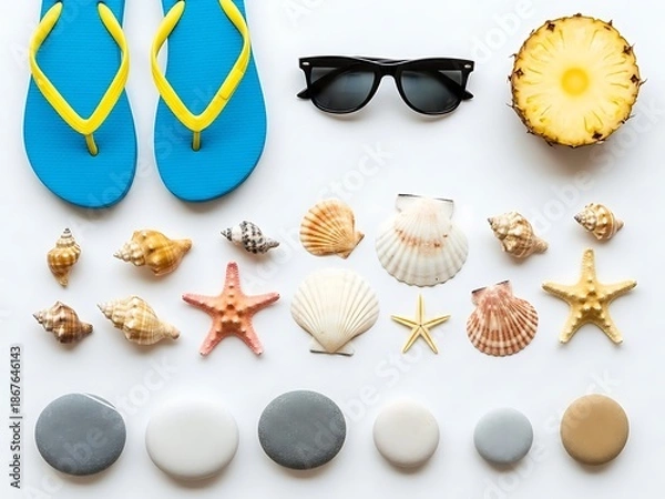 Obraz Summer essentials and beach accessories on white background