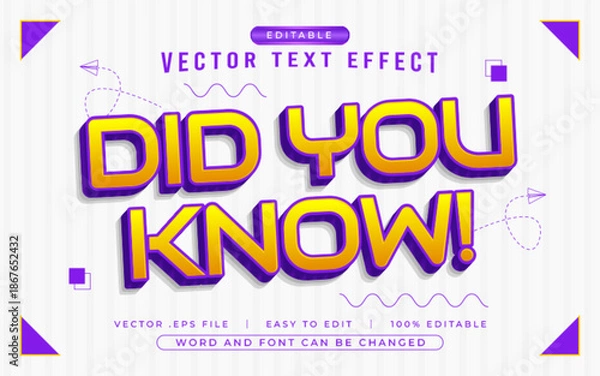 Fototapeta Did You Know 3D editable text effect style - Premium Vector