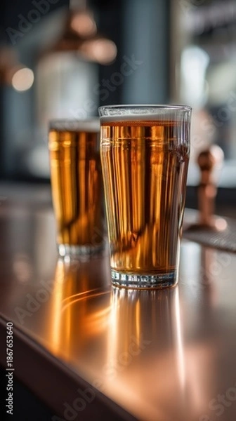 Obraz bar counter close-up with two pints copper accents smooth gradient background
