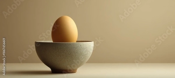 Fototapeta single egg on ceramic dish against off-white seamless background
