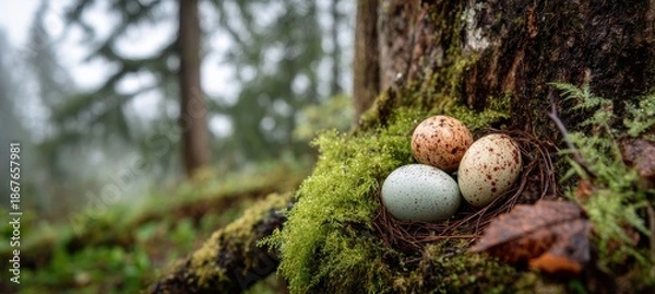 Obraz eggs at tree base with moss and forest texture backdrop