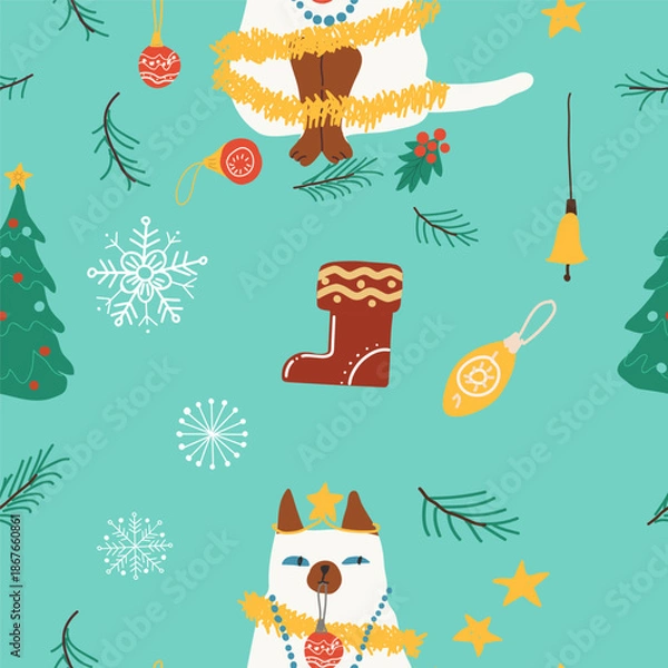Obraz Seamless pattern Christmas cat. Hand drawn vector illustration.