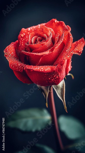 Obraz Red rose with water drops close up macro