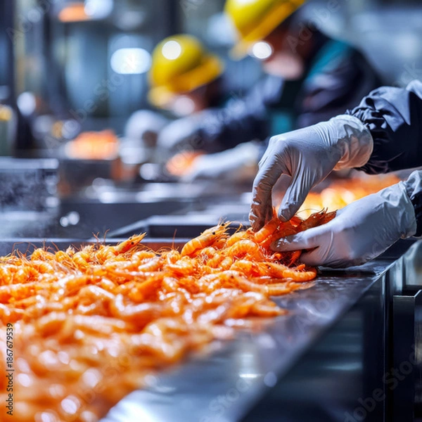 Obraz Seafood processing workers sorting fresh shrimp