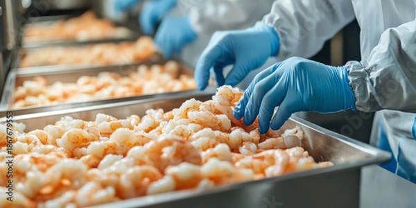 Fototapeta Seafood processing workers sorting fresh shrimp