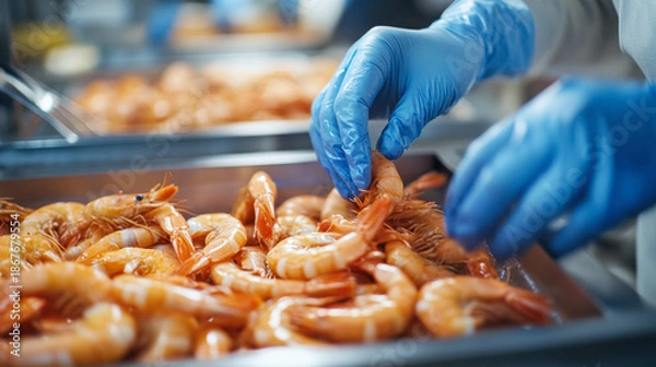 Obraz Seafood processing workers sorting fresh shrimp