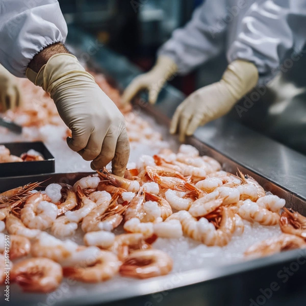 Obraz Seafood processing workers sorting fresh shrimp
