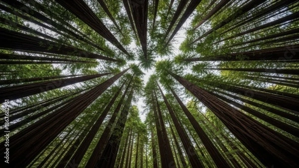 Obraz Looking Up Through Towering Trees in a Dense Forest Canopy.