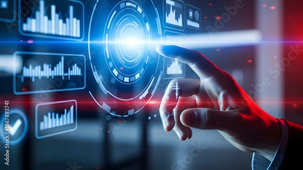 Obraz Digital interface data chart graph technology business analysis information screen dashboard hand touch intelligence system connection futuristic