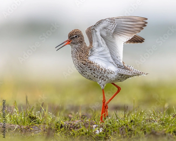 Obraz Male Common Redshank displaying while moving through grass